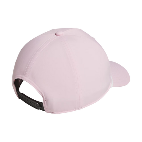 The Adidas Mens Tour Five-Panel Hat in pink features a black snapback closure, a curved brim, and breathable performance fabric—making it a stylish golf hat from Adidas.