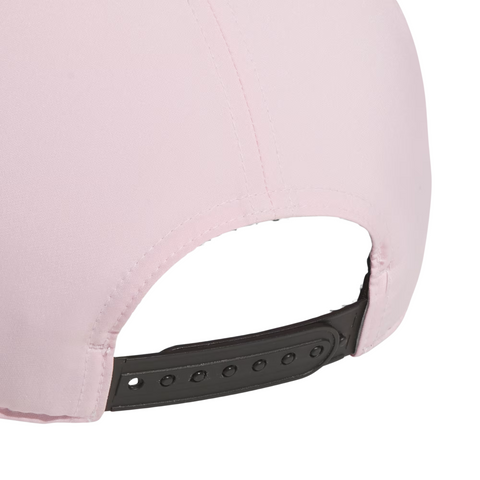 Close-up of the back of the Adidas Mens Tour Five-Panel Hat in pink, a breathable cap with an adjustable black plastic strap for a custom fit.