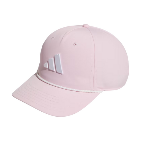 The Adidas Mens Tour Five-Panel Hat in pink features a curved brim, white Adidas logo, rope accent, and stitched eyelets for breathability—making it a comfortable, stylish pick for performance on or off the course.
