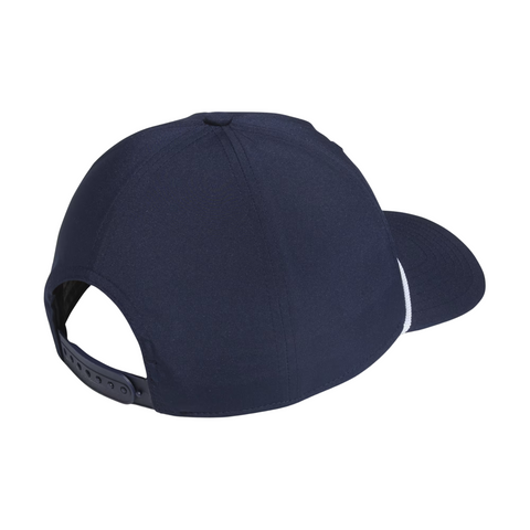 The Adidas Mens Tour Five-Panel Hat in navy is shown from the back, featuring a snapback strap, curved brim, and breathable fabric—a stylish and adjustable hat perfect for golf.