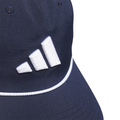 A close-up of the Adidas Mens Tour Five-Panel Hat in navy, featuring a white Adidas logo and front brim trim. This breathable cap offers comfort on and off the course.