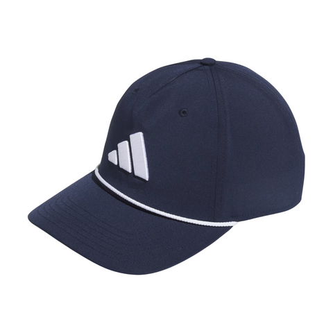 The Adidas Mens Tour Five-Panel Hat in navy features a curved brim, white embroidered Adidas logo, and accent stripe—a breathable golf hat for all-day comfort.