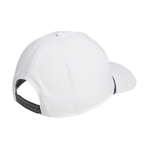 The Adidas Mens Tour Five-Panel Hat in white features a black adjustable snap closure and curved brim—ideal for golfers who want style and comfort.