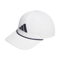 The Adidas Mens Tour Five-Panel Hat in white features a black front logo and thin black trim above the brim; this breathable cap is ideal for golf and is shown on a plain white background.