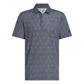 The Adidas Mens Ultimate365 Bunker Polo Shirt in Collegiate Navy features short sleeves, a collar, a buttonless placket, a dark blue and gray speckled pattern, and an embroidered logo on the left sleeve.