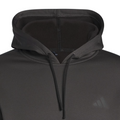 A close-up of the Adidas Mens Ultimate365 Hoodie in black, featuring drawstrings, a subtle chest logo, and a four-way stretch fleece fabric for comfort and flexibility. The hood is worn up.