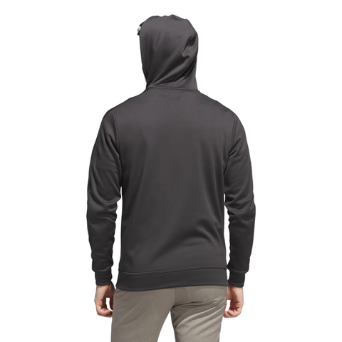 A person stands with their back to the camera in a black Adidas Mens Ultimate365 Hoodie and gray pants, highlighting the sleek style and four-way stretch fleece comfort of this premium Adidas golf hoodie against a plain white background.