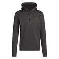 The Adidas Mens Ultimate365 Hoodie in black features four-way stretch fleece, a front pocket, drawstrings, and a small logo on the left chest, shown on a white background.