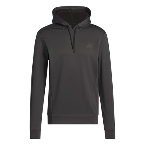 The Adidas Mens Ultimate365 Hoodie in black features four-way stretch fleece, a front pocket, drawstrings, and a small logo on the left chest, shown on a white background.