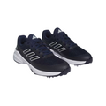 Adidas Mens ZG23 Vent Golf Shoes (US 8.5, 9 Only) in black with white soles and three white stripes, featuring Boost comfort technology, shown on a white background.