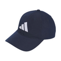 Front view of a navy blue Adidas Performance golf hat with a white Adidas logo on the front, tonal stitching, and a curved brim.