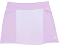 The Adidas Printed Junior Golf Girls Skort in Bliss Lilac features a textured front panel, side pockets, and a small white Adidas logo near the hem—ideal for girls’ golf or junior golf skort needs.