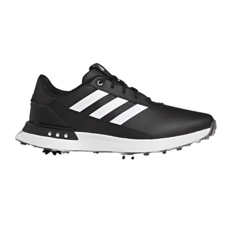 The Adidas S2G Mens 24 Golf Shoes feature a black design with white accents and three stripes, plus a white sole with black spikes. These waterproof shoes from Adidas are perfect for all-weather golf.