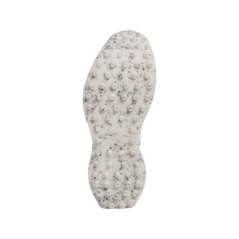 The image displays the soles bottom view of the Adidas S2G 24 Men’s Golf Shoes in Cloud White/Wonder Silver/Silver Pebble, featuring a textured, studded pattern with gray speckles designed for traction in spikeless golf shoes.