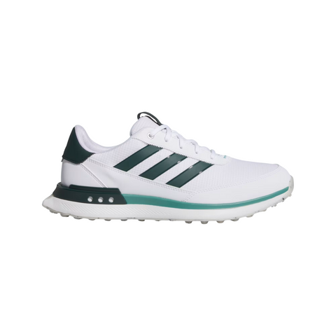 The Adidas S2G 24 Men’s Golf Shoes in Cloud White / Wonder Silver / Silver Pebble feature a mesh-like low-top design, textured white sole, and signature three stripes—ideal spikeless golf shoes for comfort on the course.