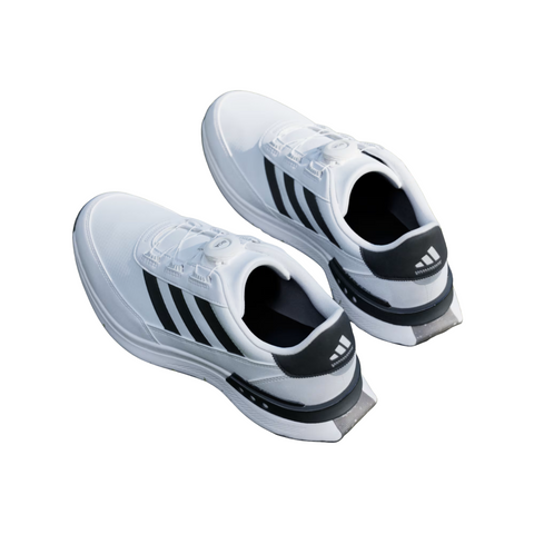 A pair of Adidas S2G BOA 24 Wide Spikeless Mens Golf Shoes in Cloud White/Core Black, shown from above on a white background—ideal wide-fit golf shoes for comfort and style.