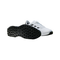 Adidas S2G BOA 24 Wide Spikeless Mens Golf Shoes in Cloud White/Core Black feature black stripes, a sleek design, and numerous small cleats on the black soles, shown from side and bottom views.