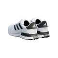 The Adidas S2G BOA 24 Wide Spikeless Mens Golf Shoes in Cloud White/Core Black, featuring black stripes, black heels, and the Adidas logo on the back, are displayed from a rear side angle on a white background.