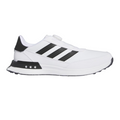 The Adidas Mens S2G BOA 24 Wide Spikeless Golf Shoes feature a white design with black accents, three signature stripes, and a thick sole—ideal for comfortable, wide-fit wear on and off the golf course.