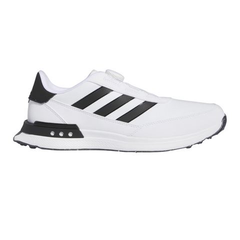 The Adidas Mens S2G BOA 24 Wide Spikeless Golf Shoes feature a white design with black accents, three signature stripes, and a thick sole—ideal for comfortable, wide-fit wear on and off the golf course.