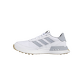 The Adidas S2G SL 24 Wide Golf Shoes are white sneakers with light gray accents, three gray side stripes, a gray heel detail, white laces, and a beige sole—perfect for golfers seeking style and comfort in spikeless shoes.