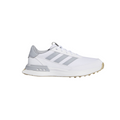 The Adidas S2G SL 24 Wide Golf Shoes by Adidas feature a white design with light gray accents, gray stripes, and a beige sole—offering a comfortable, spikeless golf shoe option displayed against a white background.