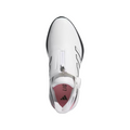 Top view of Adidas Solarmotion BOA 2024 spikeless women's golf shoes. The upper is white with black detailing on the sides and features the BOA dial system for an adjustable fit. The insole is pink with the Adidas logo. The shoe design combines comfort with secure foot support.