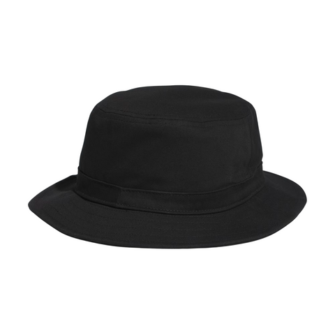 The Adidas Solid Bucket Hat in black features a wide, downward-sloping brim and rounded crown for classic style and sun protection, shown on a white background.