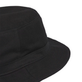 Close-up of the Adidas Solid Bucket Hat in black, featuring front and side panels with visible stitching, designed by Adidas for sun protection against a white background.