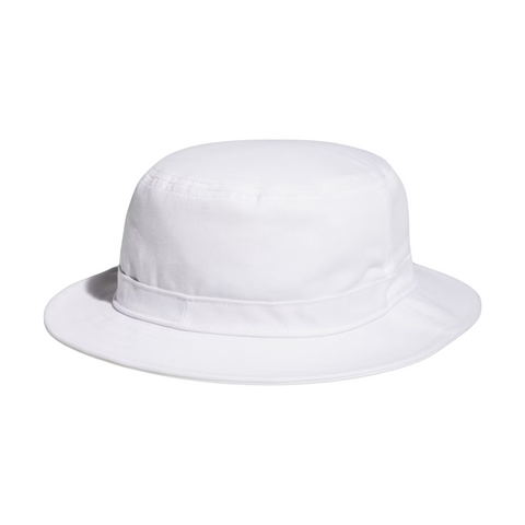 The Adidas Solid Bucket Hat in Collegiate Navy features a wide brim and flat top for great sun protection. Made by Adidas, this hat ensures comfort with moisture-wicking fabric and is shown against a white background.