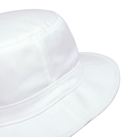 Close-up of the Adidas Solid Bucket Hat in Collegiate Navy, featuring a fabric build, wide downward-sloping brim for sun protection, and visible stitching. Photographed against a white background.