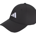 The Adidas Women's Tour Badge Hat in black features a white geometric Adidas logo on the front. This stylish women's golf cap offers moisture-wicking comfort