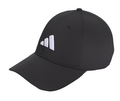 The Adidas Women's Tour Badge Hat in black features a white geometric Adidas logo on the front. This stylish women's golf cap offers moisture-wicking comfort