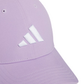The Adidas Womens Tour Badge Cap in pastel purple features a white Adidas logo, visible stitching, ventilation eyelets, and moisture-wicking fabric for comfort during golf.