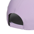 Close-up of the Adidas Womens Tour Badge Cap, a light purple golf cap for women with an adjustable strap, detailed stitching, and moisture-wicking fabric.