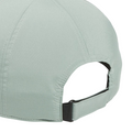 Close-up view of the Adidas Womens Tour Badge Cap in light gray, showing detailed stitching, an adjustable strap with a black clasp, and moisture-wicking fabric that offers sun protection.