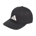 The Adidas Tour Snapback Golf Cap by Adidas features a black flat brim, a large white front logo, and an adjustable snapback closure, shown on a white background.
