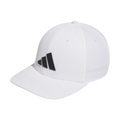 The Adidas Tour Snapback Golf Cap is a white cap with a curved brim, featuring a black Adidas logo on the front left and an adjustable snapback for a custom fit.