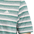 A close-up of the Adidas Two-Colour Striped Mens Polo Shirt shows green and white stripes, with the Adidas logo on the chest. Only part of the upper body and one sleeve of this polo shirt are visible.