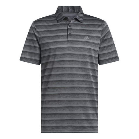 The Adidas Two-Colour Striped Mens Polo Shirt features short sleeves, a collar with three buttons, and the iconic Adidas logo on the left chest—perfect for stylish comfort on the golf course.