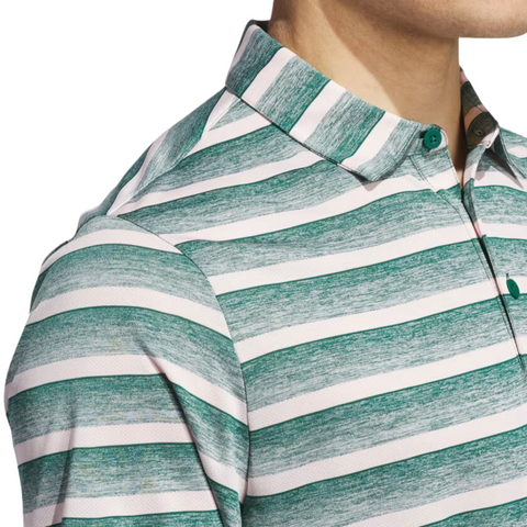 A close-up shows a person wearing the Adidas Two-Colour Striped Men's Polo Shirt, featuring green and white stripes and a classic collar.