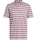 The Adidas Two-Colour Striped Men's Polo Shirt features short sleeves, maroon and white horizontal stripes, a 3-button collar, and a subtle logo on the left sleeve