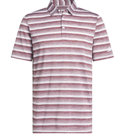 The Adidas Two-Colour Striped Men's Polo Shirt features short sleeves, maroon and white horizontal stripes, a 3-button collar, and a subtle logo on the left sleeve