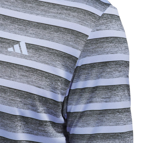 A close-up of the Adidas Two-Colour Striped Men's Polo Shirt showcases horizontal gray, white, and black stripes plus a chest logo.