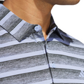 Close-up of a person wearing the Adidas Two-Colour Striped Men's Polo Shirt, featuring gray and black stripes.