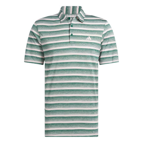 The Adidas Two-Colour Striped Men's Polo Shirt features green and white horizontal stripes, short sleeves, a collar with three buttons, moisture-wicking fabric.