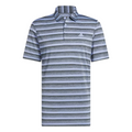 The Adidas Two-Colour Striped Men's Polo Shirt features short sleeves, a collar, moisture-wicking fabric, subtle grey and blue stripes, and a small Adidas logo on the chest.