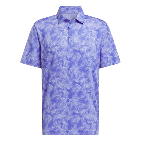 Stay cool and comfortable on or off the course in the Adidas Ultimate365 Mesh Print Mens Polo (2XL only), a short-sleeved, buttoned shirt featuring a subtle white palm leaf pattern on light purple.