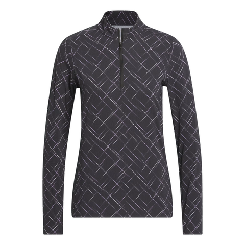 The Adidas Ultimate365 Printed Quarter-Zip Long-Sleeve Polo Shirt in Black/Powder Plum features a sporty quarter-zip front and a stylish geometric line pattern.