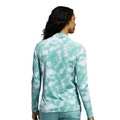 A woman with long, curly hair is seen from behind, wearing an Adidas Ultimate365 Printed Quarter-Zip Long-Sleeve Polo Shirt in Pure Teal against a white background.